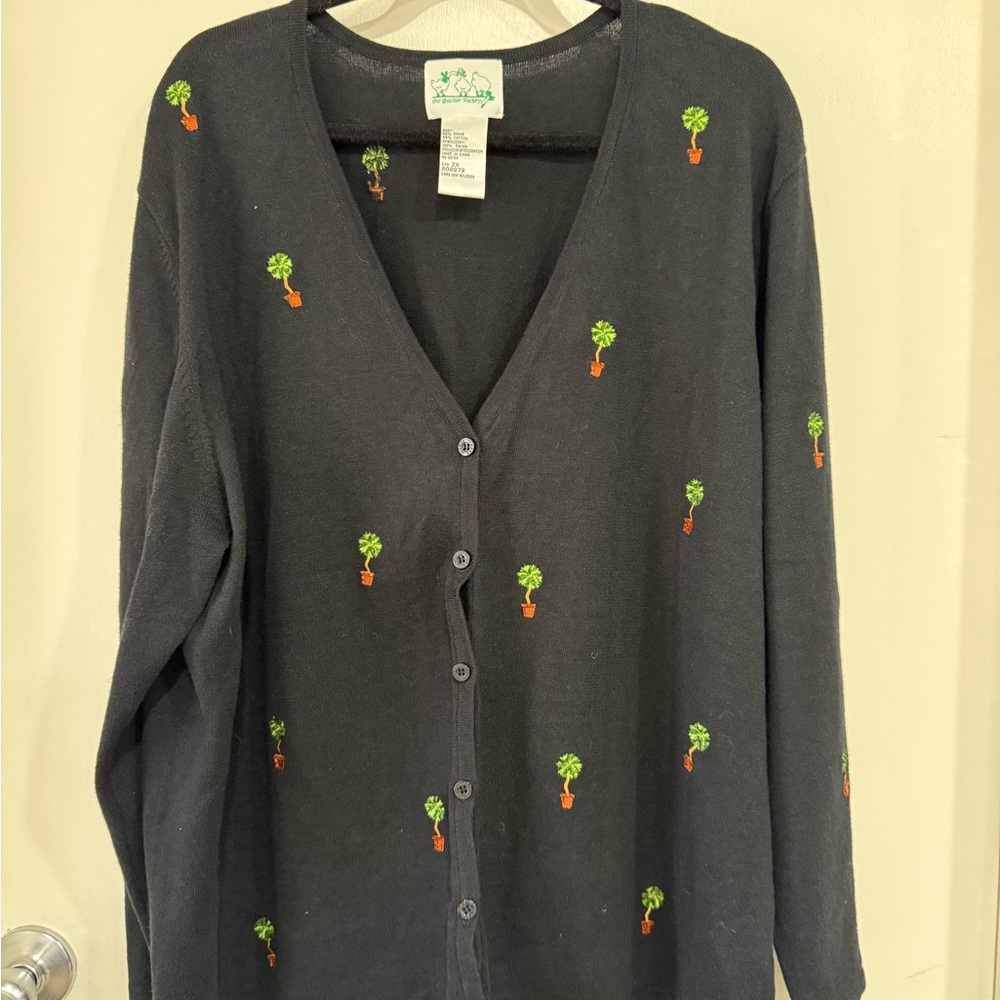 VTG The Quaker Factory Black Cardigan Sweater Green Embroidere Potted Plants.